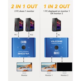 Vilcome DisplayPort Switch 8K Splitter, Plug & Play, One-Button Switching, Bidirectional Display Port Switcher Box 2 in 1 Out/ 1 in 2 Out, 8K@60Hz, 4K@120Hz, 1080P@240Hz for PC Monitor Laptop (Blue)