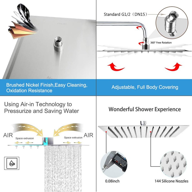 NearMoon Square Rain Shower Head With Extension Arm, Large Stainless