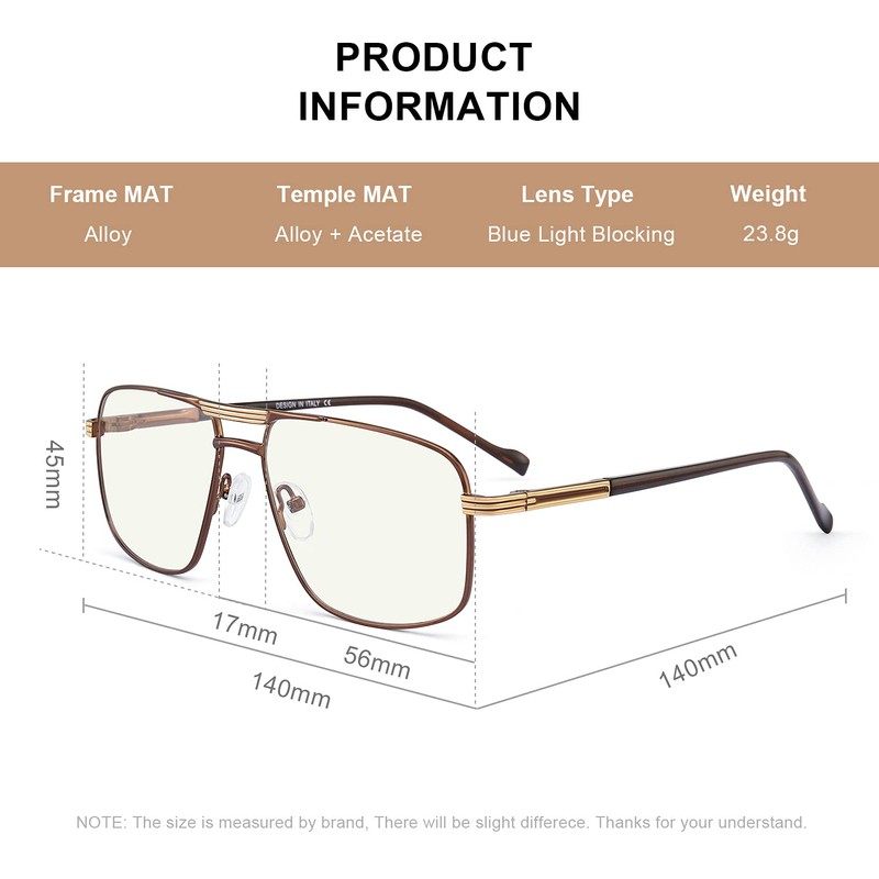 RB.Pilot Reading Glasses for Men Square Double Bridge Blue Light