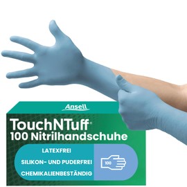 Ansell TouchNTuff 92-665 Nitrile gloves, chemical & liquid protection, Blue, Size 8.5-9 (Box of 100 gloves)