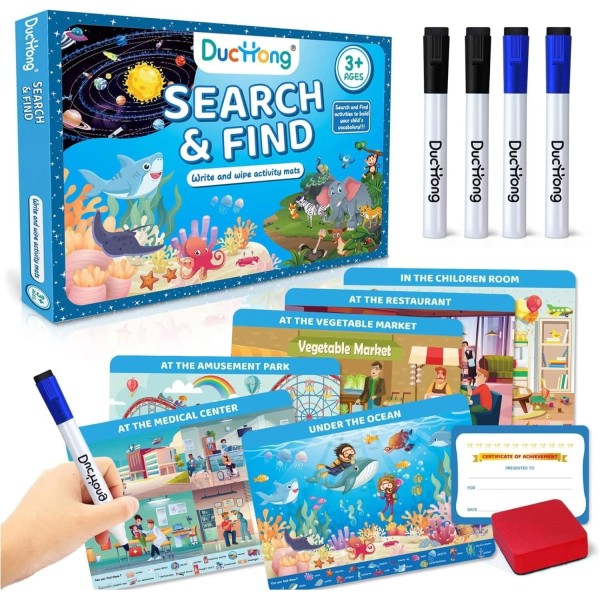 Duchong Reusable Preschool Learning Activities, Search and Find Cards with