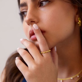 PAVOI 14K Gold Plated Anxiety Ring for Women Men | Spinner Anxiety Ring | Anxiety Ring with Beads | Fidget Ring for Women | Moon Star, Beads, 6, Gold Plated, No Gemstone