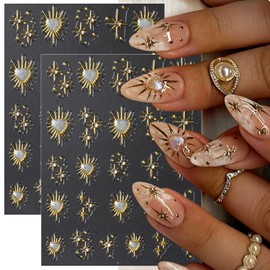 2 Sheets Gold Star Nail Decals for Nail Art Celestial Nail Stickers Embossed Star Nail Decals with Diamond Designs 5D Self-Adhesive Sun Nail Supplies for Women DIY Manicure Nails Decoration