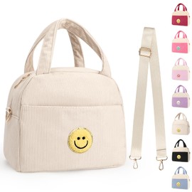 Kids Lunch Bag Lunch Box for Teen Girls Boys Back to School, Cute Preppy Lunchbox With Adjustable Shoulder Strap, Insulated Corduroy Lunch-Boxes Lunch-Bags for Women Work Picnic (Beige/Off White)