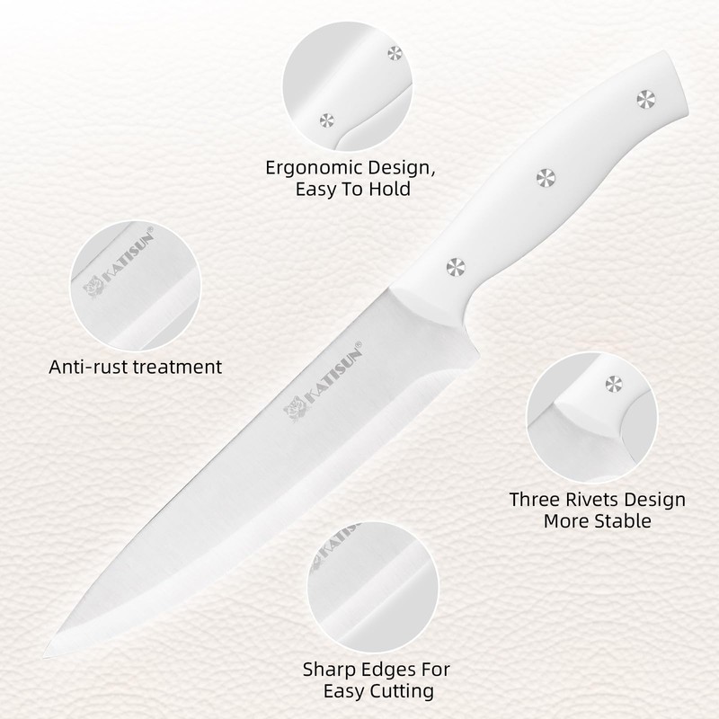 KATISUN 15-Piece White Kitchen Knife Set with Built-in Sharpening Stone,