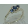 Solid English Sterling Silver Ring, Natural Blue Sapphire Trilogy Ring