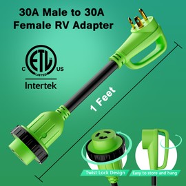 RV Adapter Plug 30 Amp to 30 Amp Cord with Locking Connector, NEMA TT-30P Male to L5-30R Female, STW, 10AWG, Heavy Duty Electrical Power Cord, 125 Volts 3750 Watts, 1FT, Green