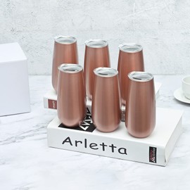 Paquete de 6 vasos aislados de champaña, vasos de champaña sin tallo de 6 onzas, vasos de vino de copas de champaña, vasos de cóctel irrompibles con tapa, regalo para familiares, amigos, Navidad, cumpleaños, boda (oro rosa)