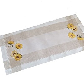 Table Runner 35 x 70 cm Ecru Beige / Colourful Embroidery "Sunflowers"