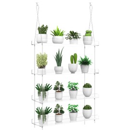 ZerzSemp 4-Tier Hanging Clear Plant Shelves for Windows, Acrylic Window Wall Plant Stand Shelf for Kitchen Indoor Gardens, Flower,Herb, Seedling Organization, and Pots Display, 16 Inch per Tier