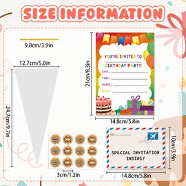 24 Pack Birthday Party Invitations, Folding Envelope Design Invitations 50Pcs Clear Cone Bags Set Double-Sided Print Invite Card with Stickers Kid Party Decoration Supplies