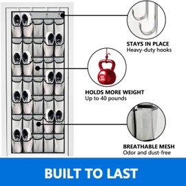 over the door shoe organizer,2024 upgraded,shoe organizer,35 Huge pockets,over door shoe organizer,Store size 13 shoes,shoe organizer,Strong material,hooks Suitable for various doors,Grey/black