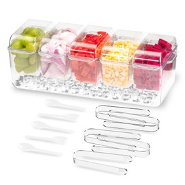 MUMUONE Chilled Condiment Server with Separate Lid,Condiment Caddy with 5 Removable Compartments,Clear Ice Condiment Serving Tray for Party,Fruit,Salad,Taco,Garnish