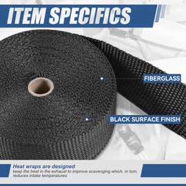 Auto Dynasty Exhaust Header Heat Wraps Roll with 10 Steel Ties, 2in x 50ft Fiberglass Heat Shield Tape for Motorcycle Car Exhausts Headers, Natural Black