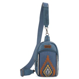 Wrangler Aztec Sling Bag for Women Western Knitted Crossbody Purse and Chest Bag With Adjustable Strap, Jean, Small