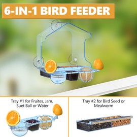 LUJII 6-in-1 Window Bird Feeder with Strongest Suction Cups, All-in-one Feeder for Bird Seed, Suet Ball, Mealworm, Oriole Orange Fruit, Jam or Water, Easy to Clean with 2 Removable Trays, Blue