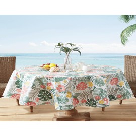 Newbridge Oval Flannel Back Vinyl Tablecloth, 60 x 84 Inch, Palm Springs Tropical, Indoor/Outdoor Waterproof Vinyl Table Cloth, Yellow Pink and Green Floral Design