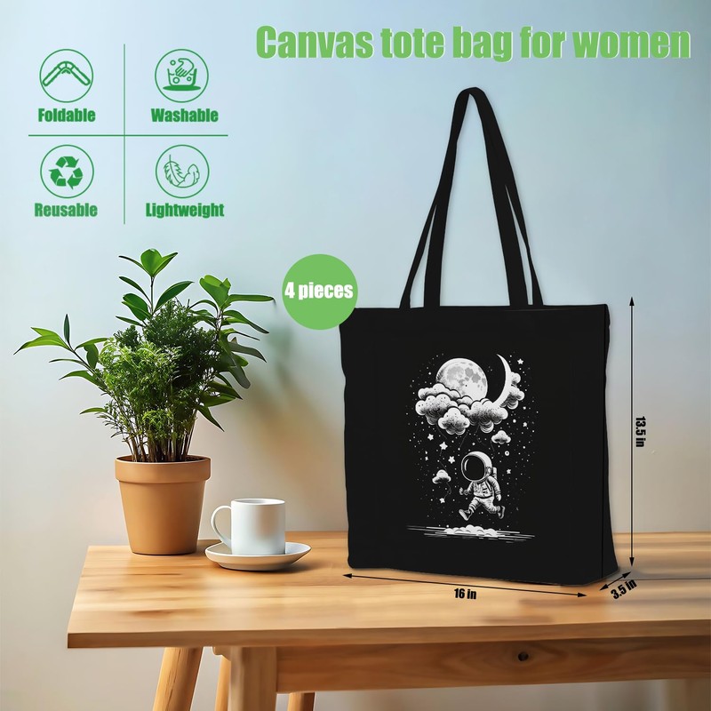 Decohim 4 PCS Cute Astronaut Moon Canvas Tote Bag Canvas