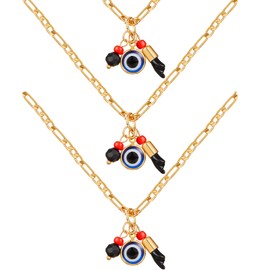 MTLEE 3 Pieces Gold Plated Azabache Evil Eye Necklace Figa Hand Simulated Charm Necklace Red Black Figa Protection Jewelry Azabache Necklace Good Luck Pendant for Women Everyday Accessory