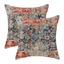 Boho Pillow Covers 24x24 Set of 2, Carpet Rug Design Decorative Navy Blue Red Boho Throw Pillows Linen Farmhouse Bohemian Cushion Pillow Covers for Sofa Couch Outdoor Decor