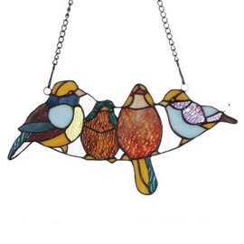 Bieye W10018 Tropical Birds Tiffany Style Stained Glass Window Panel with Chain, 15"W x 7"H