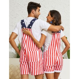 OPDNBON American Flag Overalls Men Stretch Denim Bib Shorts USA 4th of July Outfit with Zipper (Red White and Blue, XL), Men Flag Overalls, X-Large