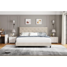 GAOMON Beige Full Bed Frame with Upholstered Headboard, Heavy-Duty Platform Bed Frame with Strong Wood Slats, No Box Spring Needed/Noise Free/Easy Assembly