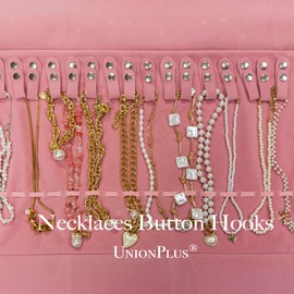 UnionPlus Velvet Travel Jewelry Roll Bag Organizer for Necklace, Elastic Band and Anti-winding, Blush Pink