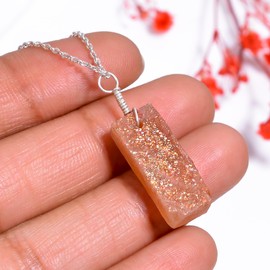 GEMKORA Real Sunstone Raw Crystal Pendant Necklace, Rough Stone, Healing Flat Bars, Chakra Gemstone, Natural Crystal, Women Jewelry, Jewelry, Length : 18 inch