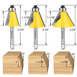 Exqutoo 3 Piece Chamfer Router Bit Set Kit, 1/4" Shank, 15, 22.5, 30 Degree Cutting Angle, 1" Cutting Length