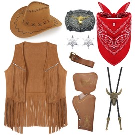 9 Piece Cowboy Costume Accessory Set for Men, Western Cowboy Cosplay Clothing Kit with Hat Tassel Vest Bandana Holster Belt Bolo Buckle Tie Necklace Sheriff Badge for Carnival Fancing