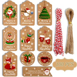 Pack of 100 Christmas Gift Tags, Gift Tags Christmas Kraft Paper, Christmas Tags Gift, Kraft Paper Labels Christmas, Gift Tags Kraft Paper (B)
