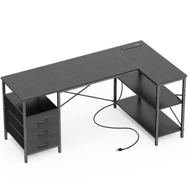 Huuger L Shaped Desk with Power Outlets, Computer Desk with 3 Drawers, 55 Inch Office Desk with Shelves, Gaming Desk, Corner Desk Work Desk for Home Office, Study, Black