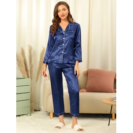 Allegra K Women's Satin Night Suits Valentine's Day Button Down Pjs with Pants Silky Lounge Pajama Sets X-Small Dark Blue