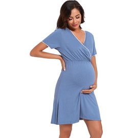 Leversic Womens Maternity Nightgown Short Sleeves Cotton Breastfeeding Nightdress ladies V-Neck Maternity Nightdress Labour gown for Hospital Postpartum Pajamas(Blue,S)