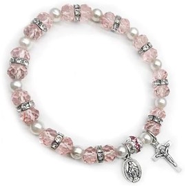 XAM Crystal Cross Bracelet Elastic Beads Stretch Rosary Bracelets Adjustable Minimalist Bracelet Women Jewelry-Pink