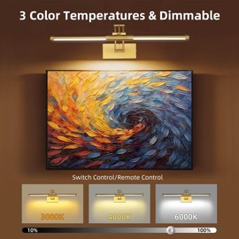 24" Picture Lights for Wall Battery Operated, Rechargeable Picture Lights, Remote Wireless Wall Lights 3000K/4000K/6000K Dimmable Timer, Art Lighting for Paintings Frame Gallery, Gold Set of 2