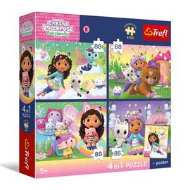 Trefl - 4-in-1 Puzzles: Gabby's Dollhouse, Il momento dei giochi del gattino - 4 x 88 pezzi - Poster esclusivo, set di quattro puzzle per bambini dai 5 anni in su