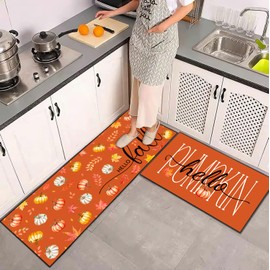 JWXCBIM Orange Hello Pumpkin Fall Kitchen Rug Set of 2, Autumn Home Decor Low-Profile Kitchen Floor Mats Non-Slip Washable Microfiber Carpet 17x30+17x47 Inches