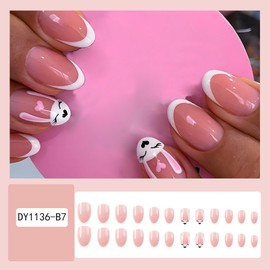 Easter Day French Tips Press on Nails Oval Glossy Full Cover Short Oval False Nails with Rabbits Designs Reusable Acrylic Rabbit Fake Nails with Glue Stick on Fingernails for Women
