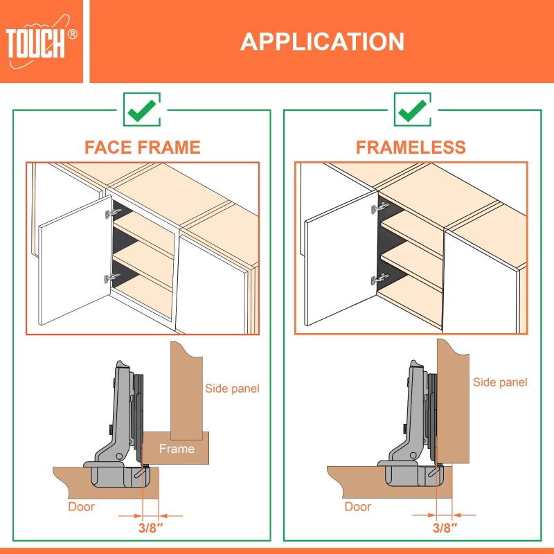 TOUCH FACE FRAME 3/8" Overlay Cabinet Door Hinge Concealed Euro