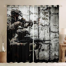 Homewish Soldier With Weapon Curtains for Boys Men Bedroom, 46" Wx54 L Army Rifle Machine Gun Window Drapes, Military Themed Black Out 2 Panels Set