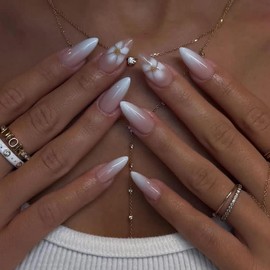 BABALAL Press on Nails Almond Medium Fake Nails White Ombre Glue on Flower Coquette Manicure Supplies Art Trendy Thick 24Pcs Glossy Acrylic False Gel Nails for Women Girls