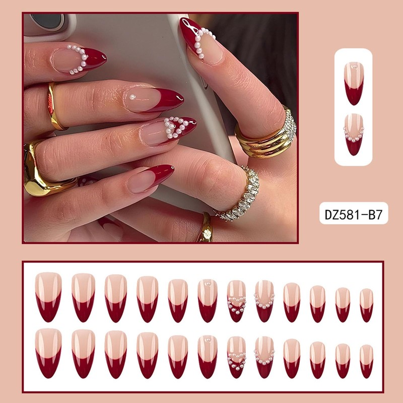 Red French Tip Press on Nails Medium Valentines Day Almond