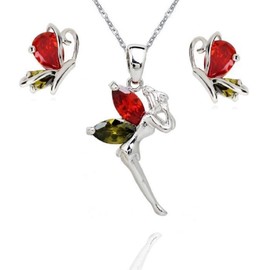 Crystalline Azuria Fairy Tinkerbell Butterfly Set with Colorful Zirconia Crystals Necklace Stud Earrings 18K White Gold Plated for Women