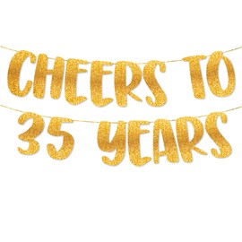 TOYVENTURES Cheers to 35 Years Gold Glitter Banner - Happy 35th Birthday Party Decorations 8 Feet, 35th Wedding Anniversary Party Supplies - Milestone Celebration Decor - Pre-strung, No DIY Required