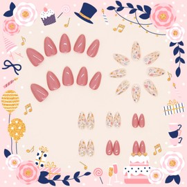 Bellelfin 30Pcs Short Press on Nails Almond Fake Nails with Fresh Flowers Designs, Cute False Nails Full Cover Acrylic Glue on Nails for Women Girls