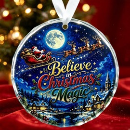 Believe in Christmas Magic Glass Christmas Ornament, 3 Inch Santa Decor