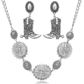 Aswitnove 2 Pcs Concho Western Necklace Earrings Jewelry Set for Women Vintage Cowgirl Dangle Earrings Boho Choker Necklaces Western Country Concert Outfits for Women Concho Jewelry Gift, Zinc, No
