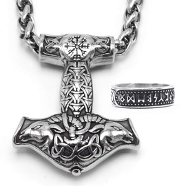BAVIPOWER Viking Ram Goat Head Mjolnir Pendant Thors Hammer Necklace Stainless Steel Norse Pagan Jewelry for Men Women (Double Goat Hammer, 20)